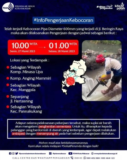 Terjadi Kebocoran Pipa di Beringin Raya, PDAM Lakukan Pengerjaan Hingga Tengah Malam, Lima Lokasi akan Terdampak